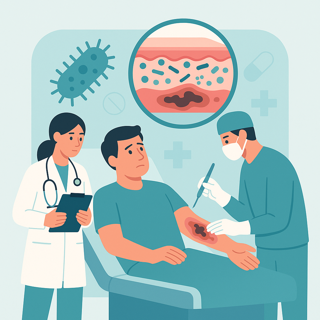 Illustration medicale - Les DermoHypodermites Bactériennes Nécrosantes Fasciites Nécrosantes (DHBN-FN)