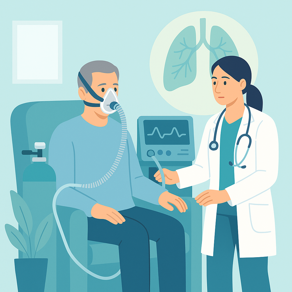 Illustration medicale - Oxygénothérapie et ventilation non invasive à domicile ou l'exportation hors l'hôpital des techniques complexes